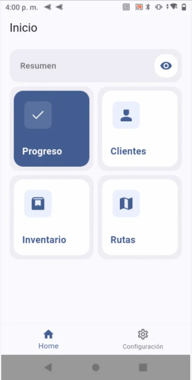 Menú principal de APP de venta móvil de auwi