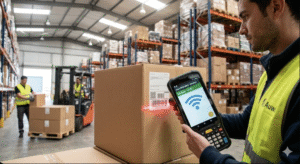 Operario de almacén usando App de WMS Móvil Auwi para escanear cajas sin internet".