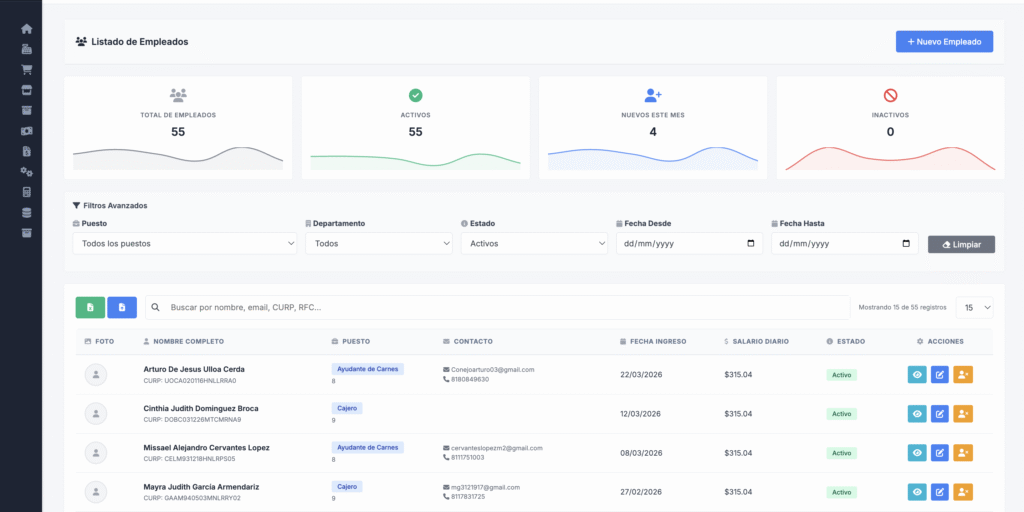 Detalle de empleados para nómina en auwi